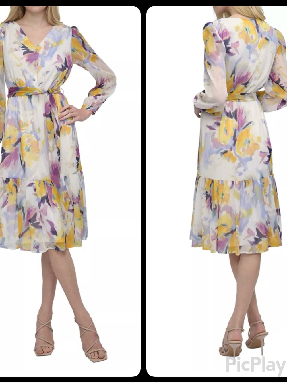 NWT DKNY Sunshine Multi Floral Chiffon Midi Dress Size 4